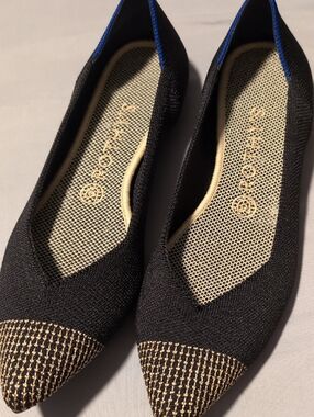 Rothy's Black Knit Pointed Flats with Gold-Tone Tweed Cap